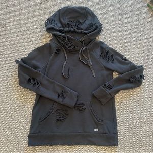 ALO Yoga Black Distressed Hoodie Sweatshirt